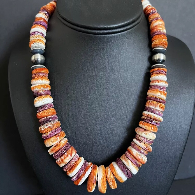 Sterling Silver Orange Purple Spiny Oyster W Pearls Bead Necklace 18 Inch